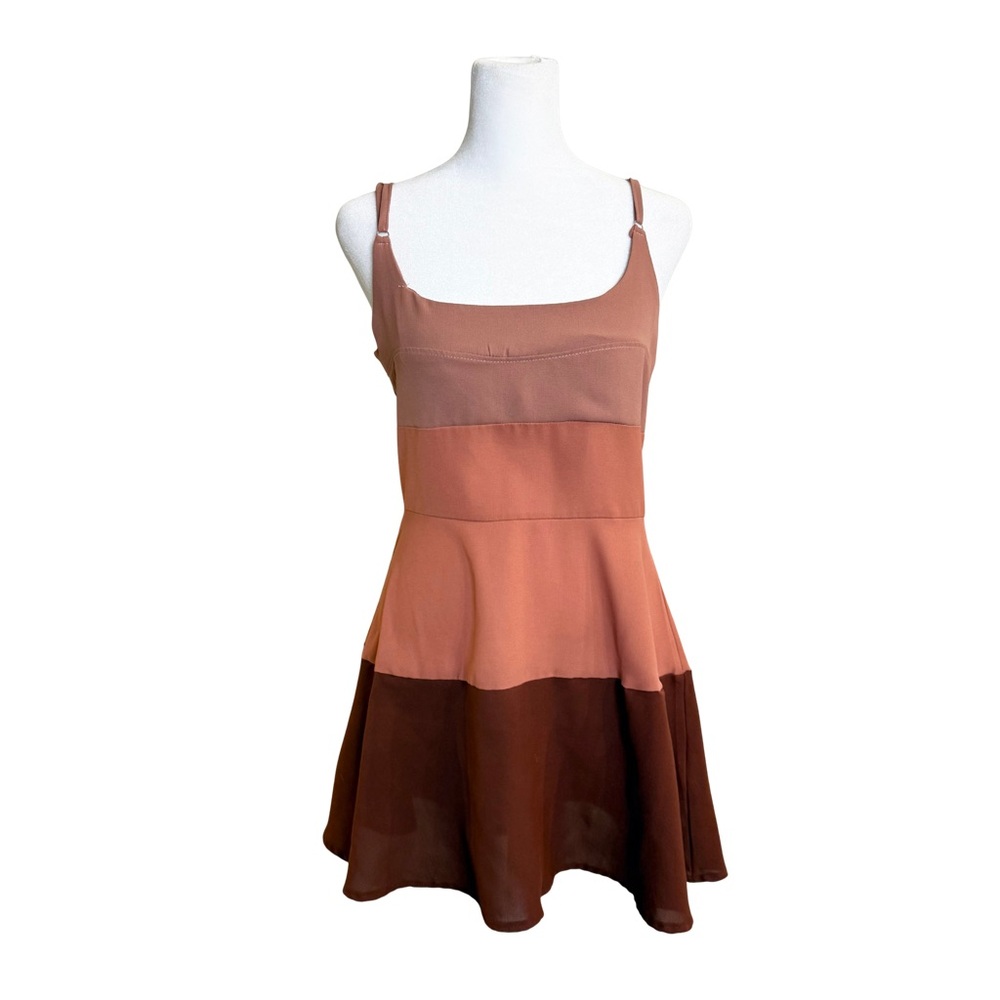 Spring summer sunset dress. M Color Block cyan rose tan coral adjustable straps
